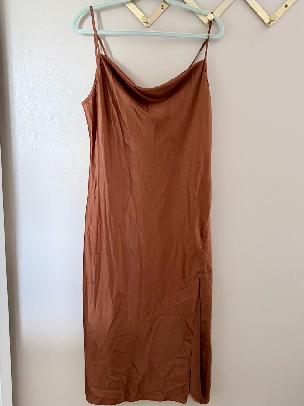 West of Melrose XL Satin Midi Slip Dress Brown Cowl Neck Open Back Slit